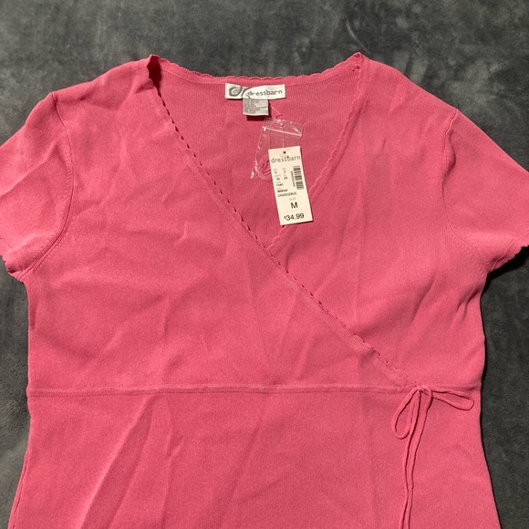 Dressbarn Women Pink Sheer Pullover Deep V Neck Short Sleeve Size Medium New - Picture 2 of 6